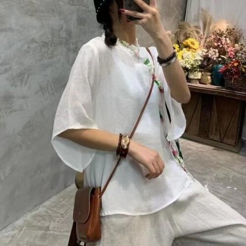 Women Oblique placket button Shirt 2021 Summer Retro Large size Loose Casual Blouse Tops Short Sleeve Ramie breathable Shirt