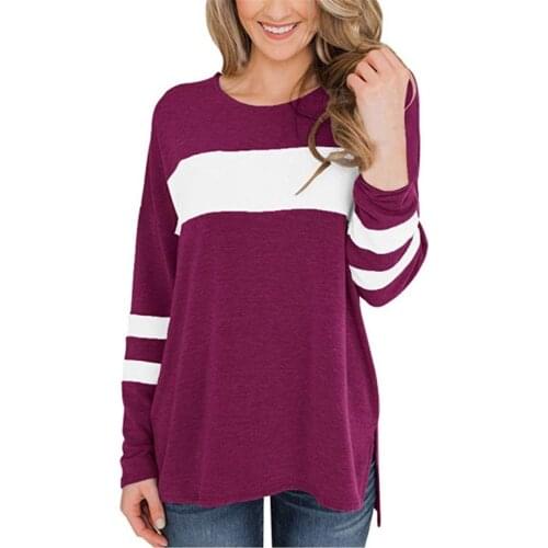 Womens Tops And Blouses Womens Block Long Sleeve Blouse Shirt Pullover Round Neck Side Split Top Blusas Mujer De Moda 2021