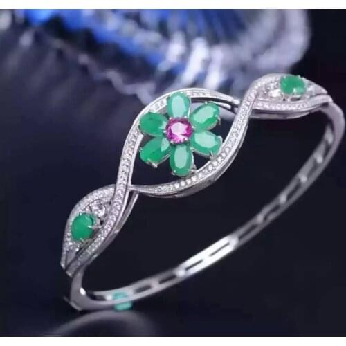 Natural green emerald Bangles Natural gemstone Flowers irregular Bangles S925 silver bracelet women anniversary gift jewelry