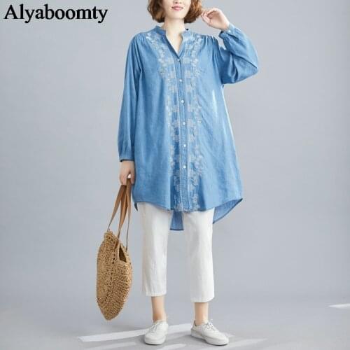 2021 Spring Autumn Women Korean Style Blouse V Neck Floral Embroidery Irregular Female Blusas Elegant Plus Size Denim Cardigan
