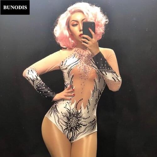 ZD316 Women Sexy Long Sleeve Net Yarn Bodysuit Colorful Sprakling Crystals 3D Printed Nightclub Party Dancer Singer Stage Wear