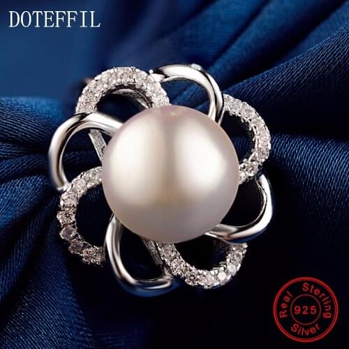 AAA 10mm Pearl Charm Flower Rings Woman 100% 925 Sterling Silver Fashion Flower Rings High Quality Woman 925 Silver Jewelry