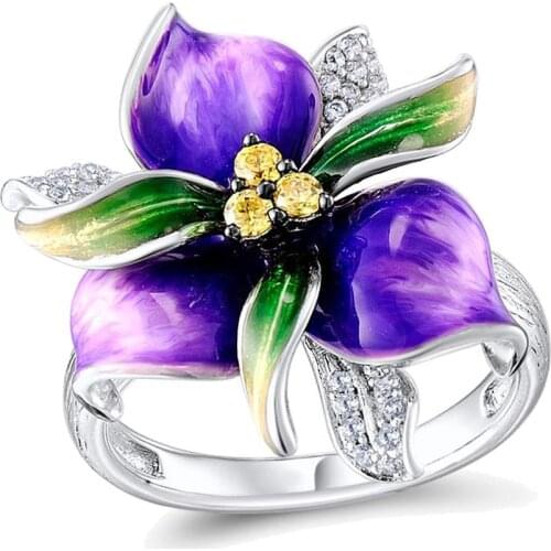 Purple Flower Rhinestone Inlaid Women Finger Ring Wedding Party Jewelry Gift bohemian