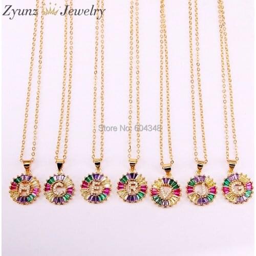 10PCS ZYZ337-8295 Gold Color Rainbow CZ Micro Pave Intitial Letters Pendant Necklaces Womens Fashion Jewelry CZ
