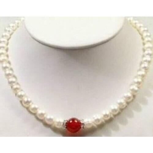 2014 new fashion moving free shipping 7-8mm White Akoya Cultured Pearl red jades Necklace 18"BV50