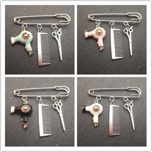 2021 Creative Personality Hair Stylist Brooch Charm Jewelry Hairdressing Scissors Comb Pendant Washing and Cutting Brooch