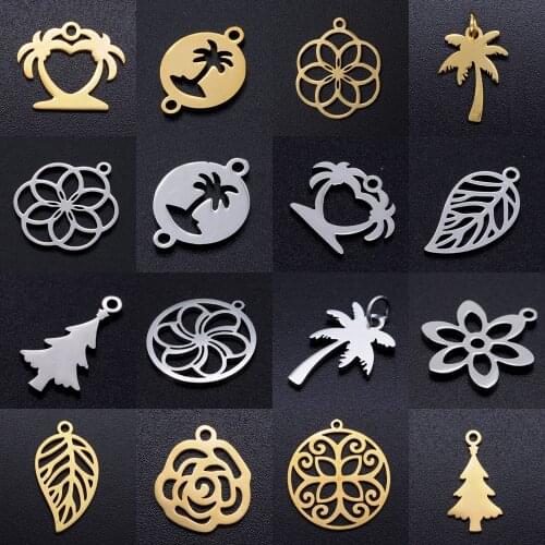5pcs/lot diy summer beach palm tree stainless steel charm pendant wholesale leaf flower rose jewelry bracelet connector charms