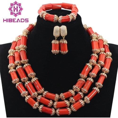African Coral Beads Nigerian Handmade Jewelry Set Tube Coral Beads Necklace Set New Gift Jewelry Free Shipping CNR732
