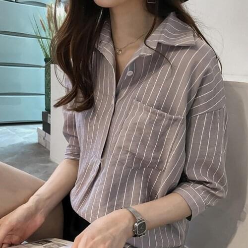 2020 Women Summer Striped Tops Loose 3/4 Sleeves Casual Shirt Lapel Collar Blouse Womens Clothing блузка женская ropa mujer