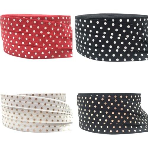 Rose & Gold foil Polka Dot Print Fold Over Elastic FOE Ribbon Headwear Party Gift Sewing Home Decoration Accessories 10Y 5/8