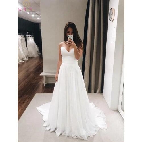 Elegant Sweetheart Neck Long Beach Wedding Dresses White Ivory Sleeveless Chiffon Simple Bridal Gown 2019 New vestido de noiva
