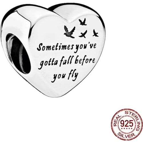 925 Sterling Silver Charm Vintage "Sometimes you've gotta fall before you fly "Bead Heart Shaped Beads Fit Original Pandora Bra