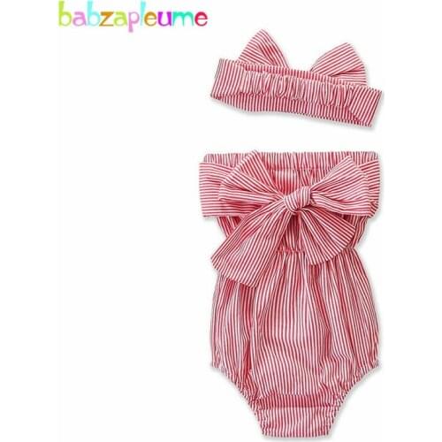 2Piece/2020 New Summer Newborn Jumpsuit Twins Baby Girls Clothes Cute Cotton Stripe Bodysuit+Headband Infant Clothing Set BC1606