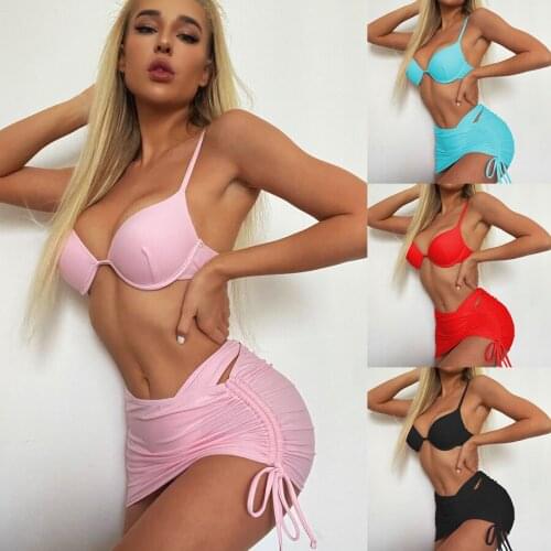 Swimsuit 2021 New 3Piece Bikini Swimsuit Sexy Swimsuit Pure Color Gather Swimsuit Bikini Beach Skirt Set Pure Color Swimsuit