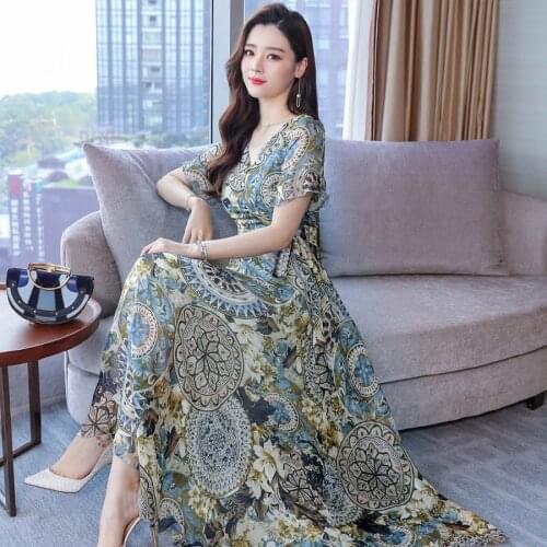 2021 Summer Boho Floral Chiffon Beach Vacation Midi Dresses Vintage 3XL Plus Size Elegant Maxi Dress Women Bodycon Party Vestido