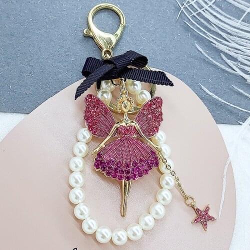 Cute Rhinestone Little Angel Car Keychain Imitation Pearl Keychain Ballet Girl Car Bag Keychain Jewelry Gift