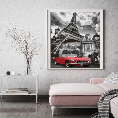 World Landmark Landscape Oil Painting By Numbers Red Car Under The Paris Tower Coloring By Numbers Canvas Drawing Home Decor