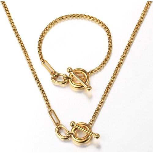 Fashion Gold Color Jewelry Set For Men Women Box Cable Cuban Charm Stainless Steel Bracelets Necklaces TO Clasp Gifts DDS23
