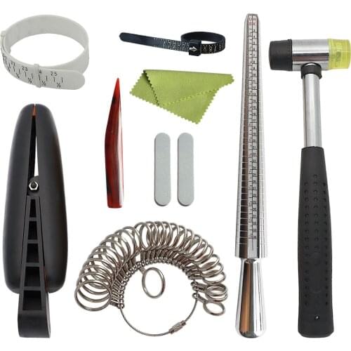 10 in 1 Ring Size Sets With Standard Circle Sets Finger Gauge Ring Sizer Measuring Rubber Jewelry Hammer and Polishing Tools
