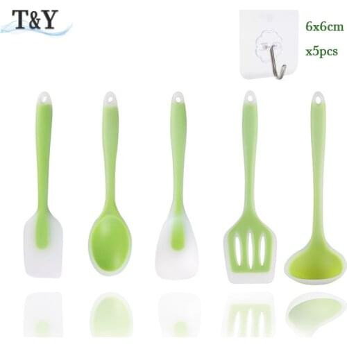 T&Y 5pcs Non-Stick Silicone Utensil Cooking Set, Heat-Resistant Ladle Scraper Spatula Turner Scraper Tools, Kitchenware & Hooks
