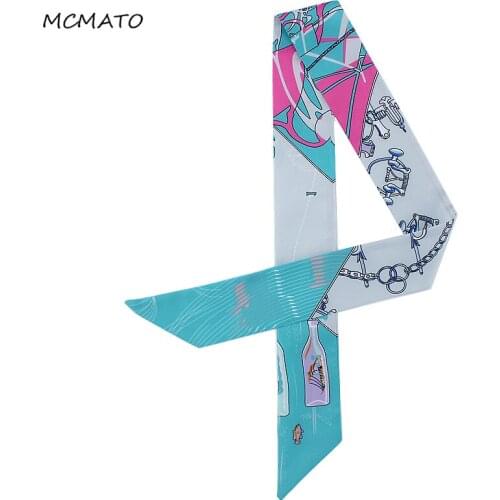 New Design Drifting Bottle Print Small Silk Scarf Women Fashion Head Scarf Tie Luxury Brand Small Long Scarves For Bags Ribbons