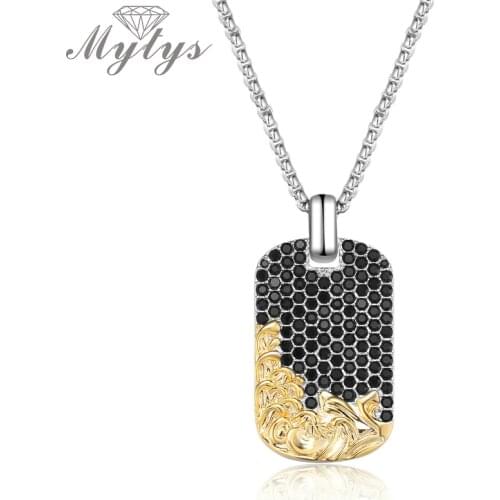 Mytys Dog Tags Pendant Necklace for Men Fashion Long Chain Gold Pattern and Full Setting Black Marcasite Square Pendant CN538