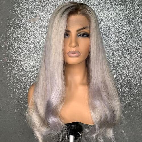 Omber Silver Gray Long Natural Straight Lace Frontal Wigs With Baby Hair Remy Human Hair Lace Wigs Preplucked For Women