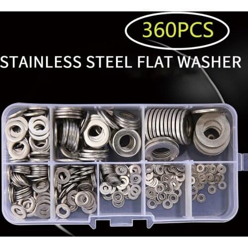 360pcs Stainless Steel Flat Washer Plain Gasket for M2 M2.5 M3 M4 M5 M6 M8 M10 Screw Bolt