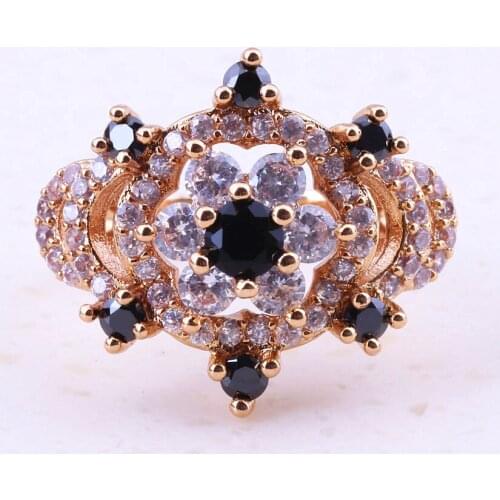 Stunning Black Crystal & AAA Zirconia Yellow Gold Color Rings Women Bridal Party Fashion Jewelry Free Gift Box I0124