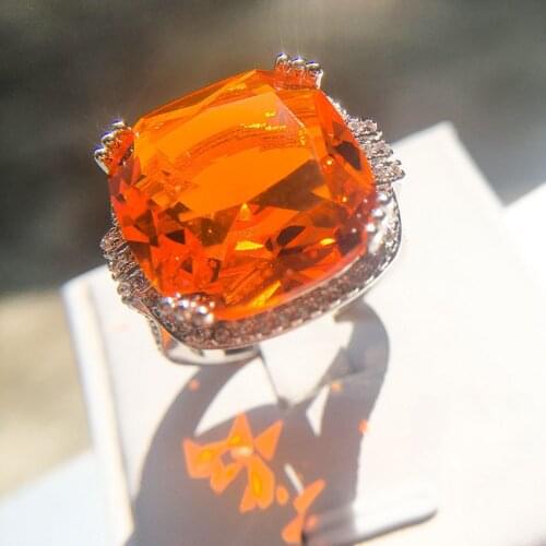 Luxury Orange Big Zircon Ring for Women Fashion 925 Sterling Silver Geometric Square Stone Ring Party Jewelry anillos
