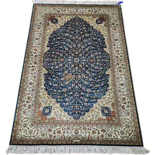 Seeykeep™ 4x6ft Stunning Azure Backcolor Central Medallion Classic Floral Design Silk Handknotted Rug-FC3016058
