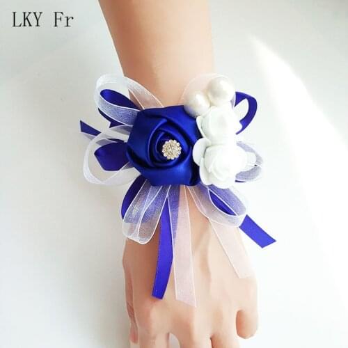LKY Fr Wedding Bracelet for Bridesmaid Silk Flower Wrist Corsage Bracelet Wedding Groom Boutonniere Pins Man Mariage Accessories