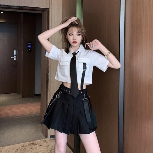 Dark Tooling Suit Tie Short Sleeve Shirt+high Waist Tooling Pleated Skirt Korean Two Piece Set Skirt Set Year-old Female Costume