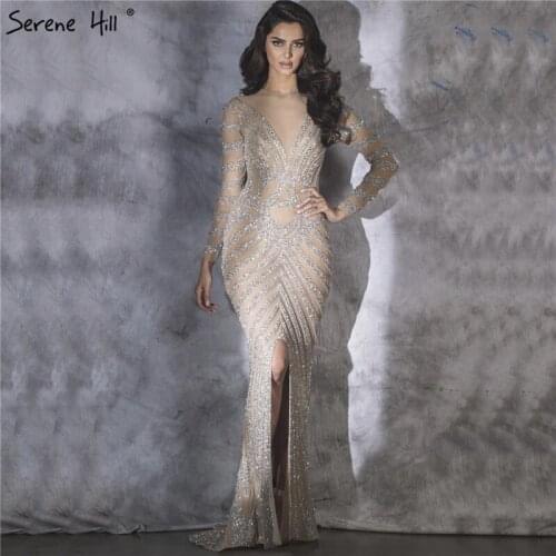 Serene Hill Latest Evening Dress Design Long Sleeves Mermaid Beading Sequins Formal Party Gown 2020 Real Photo CLA6281