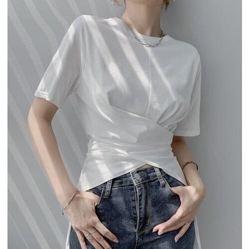 JMPRS Designed Women T Shirt Korean Summer Short Sleeve Irregular Solid Tunic Casual O Neck Cotton Fashion Ladies Tops New 2021