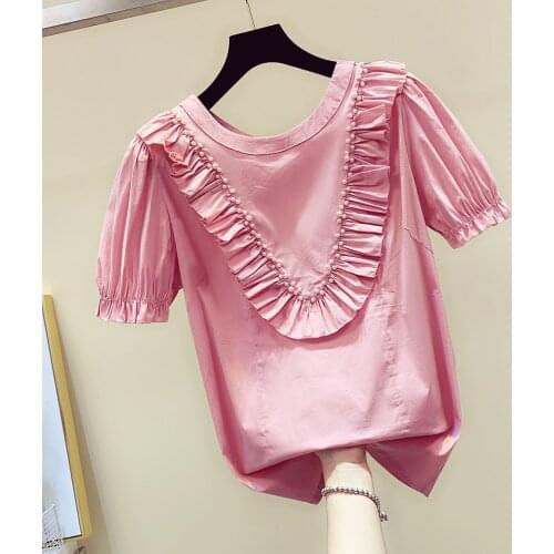 Beade Ruffles Patchwork Women T-Shirts 2020 Summer New Soild Pink Short-Sleeved Slim Lady Elegant Pulls Tops Tees
