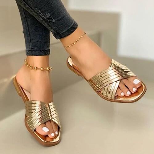 New Ladies Slippers Beach Summer Shoes Women Slip on Bling Gold Flat Slides Outdoor Shoes Female Casual Sandals Plus Size