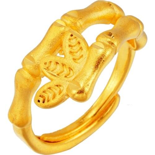VAMOOSY Dubai 24K Gold Rings for Women Slub Open Ring Anti-allergy Leaf Pattern Simple Wedding Female Women Rings Bijouterie