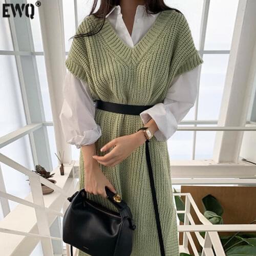 [EWQ] Korean 2 Piece Set Turn-down Collar Long Sleeve White Shirt + Chic Sashes V-neck Split Knitted Vest Dress Women New Suit
