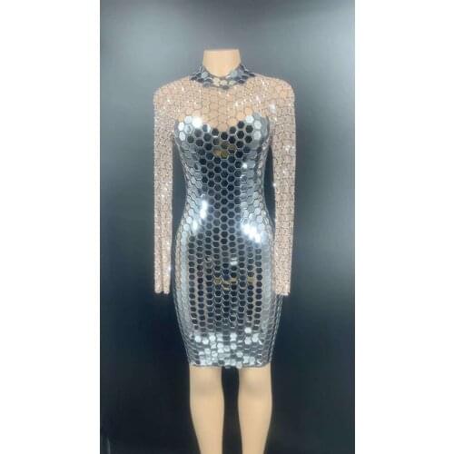 Sexy Silver Pink Green Rhinestones Mirror Transparent Short Dress Prom Birthday Celebrate Outfit Dress Women Dance Show Dress