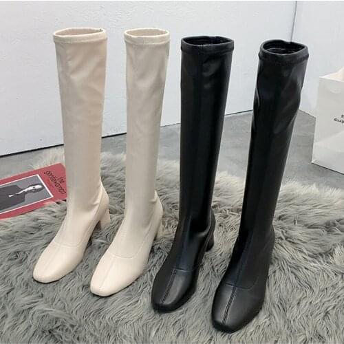 2020 Stovepipe Boots women knee-high winter shoes slim leg boots chunky high heels long fur botas female zip motorcycle botines