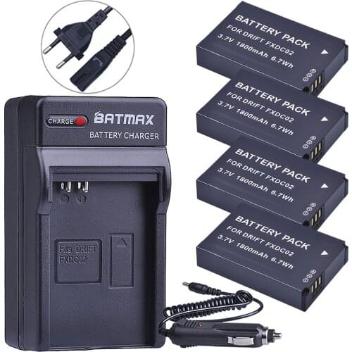 Batmax 1800mAh 4Pc FXDC02 Camera Battery+ Digital charger for Drift 72-011-00 FXDC02 CFXDC02 HD Ghost Ghost-S HD720 camera