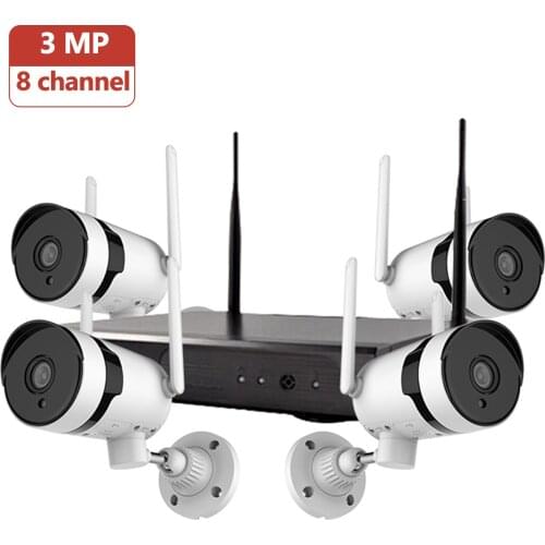 3MP Wireless Security Camera System, 8CH NVR +4pcs 3MP HD Outdoor Waterproof Wireless WiFi Surveillance Camera with Night Vision