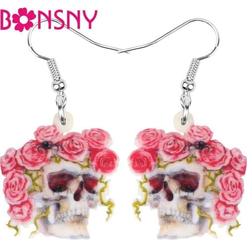 Bonsny Acrylic Halloween Rose Skull Earrings Flower Skeleton Dangle Drop Jewelry For Women Girls Teens Fashion Gift Decoration