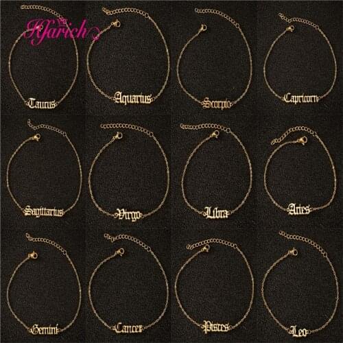 Unique Constellation 12 Zodiac Anklets Bracelets for Women Stainless Steel Jewelry Old English Charm Ankle Beach Boho Gifts