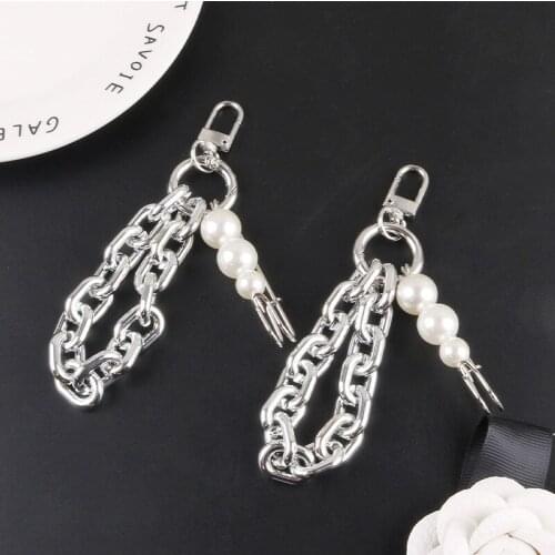 Creative Imitation Pearl Pin Keychain Bag Decoration Car KeyChain Silver Open Ring Lovely Couple Bag Airpods Key Chains Ornament