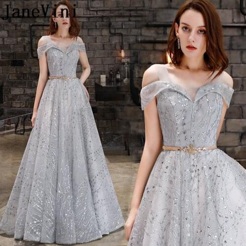 JaneVini Elegant A Line Silver Gray Prom Dresses with Sashes 2019 Off the Shoulder Sparkle Sequins Tulle Long Formal Party Gowns