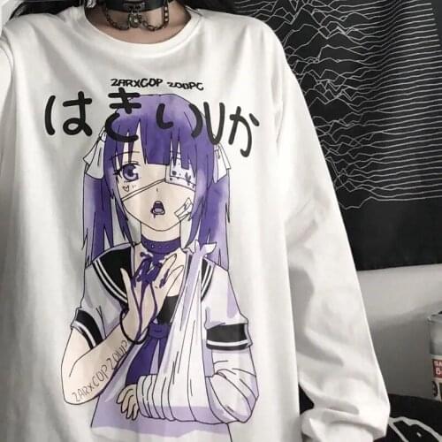 Harajuku Japanese Cartoon Anime Injured Girl Print Long Sleeve T-shirt Men Women Autumn Pullovers Cotton Tops Anime Shirt Tee