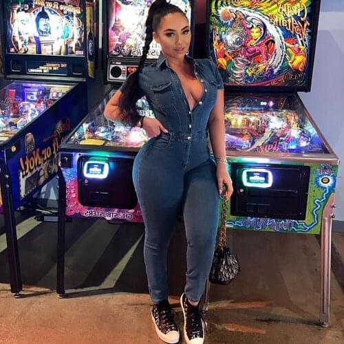 Short Sleeve Denim Jumpsuit Jeans Women Casual Bodycon Romper Female Turtleneck Single Breasted Slim One Piece Outfits Street