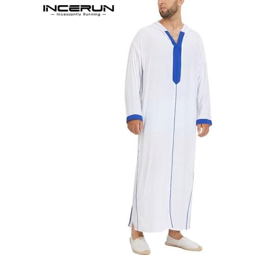 INCERUN Men Muslim Kaftan Islamic Arabic Robes Patchwork Dubai Middle East Caftan Hooded Loose Casual Long Sleeve Jubba Thobe